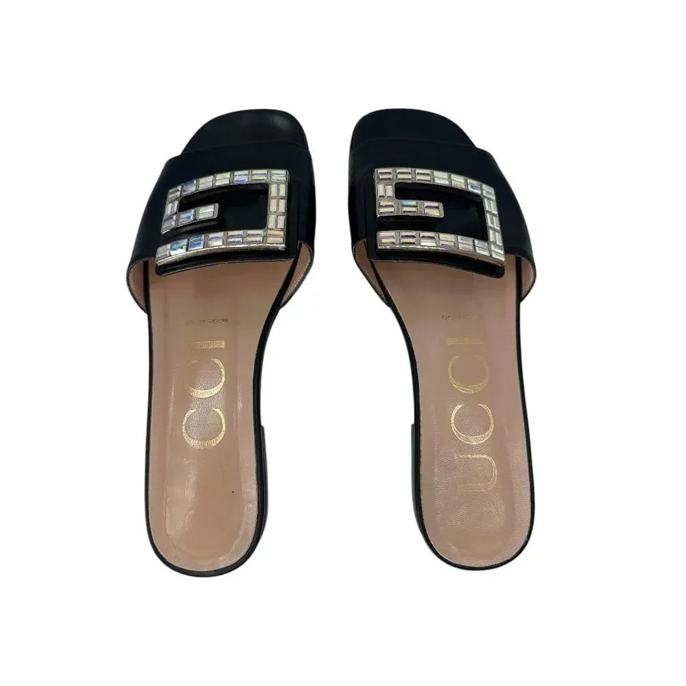 Gucci Leather Madelyn Crystal G Logo Slide Flats Sandals Black Size 36.5
